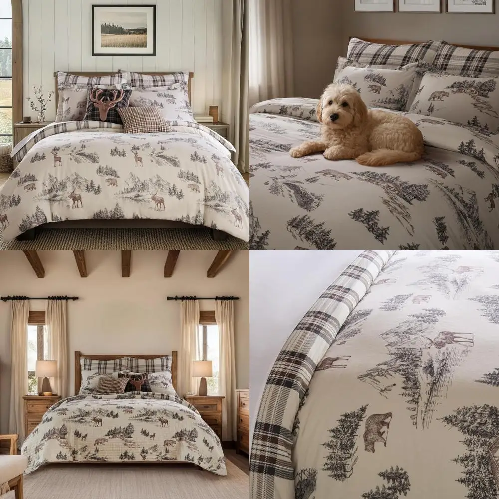 Brown Toile Pattern Twin Size Comforter Set with Pillowcase - Lodge Style Bedding Ensemble