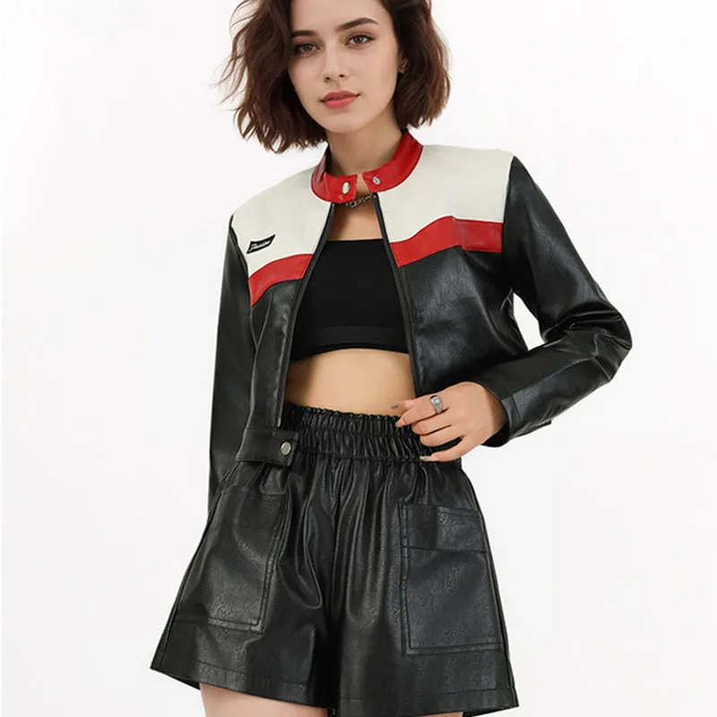 2025 New Fashion Temperament Women Leather Coat Spring Autumn Splicing PU Leather Short Women Coat Biker Leather Jacket H315