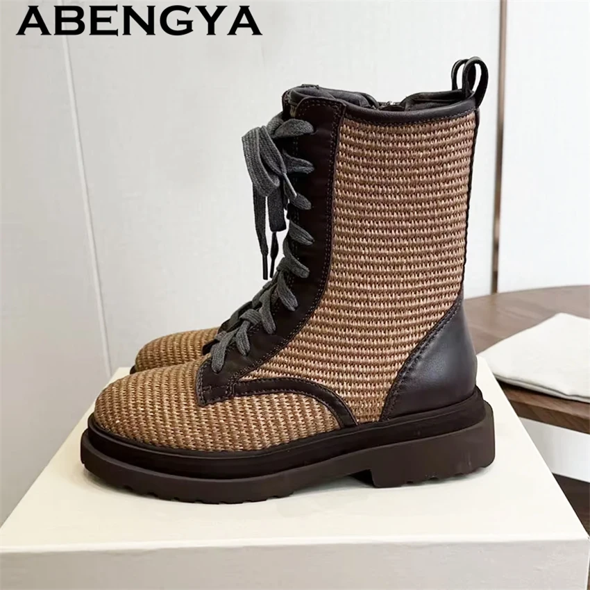 Vine Grass High Top Lace Up Ankle Boots Women Round Toe Flat Punk Boots Woman 2026 Winter New Fashion Motorcycle Boots Mujer