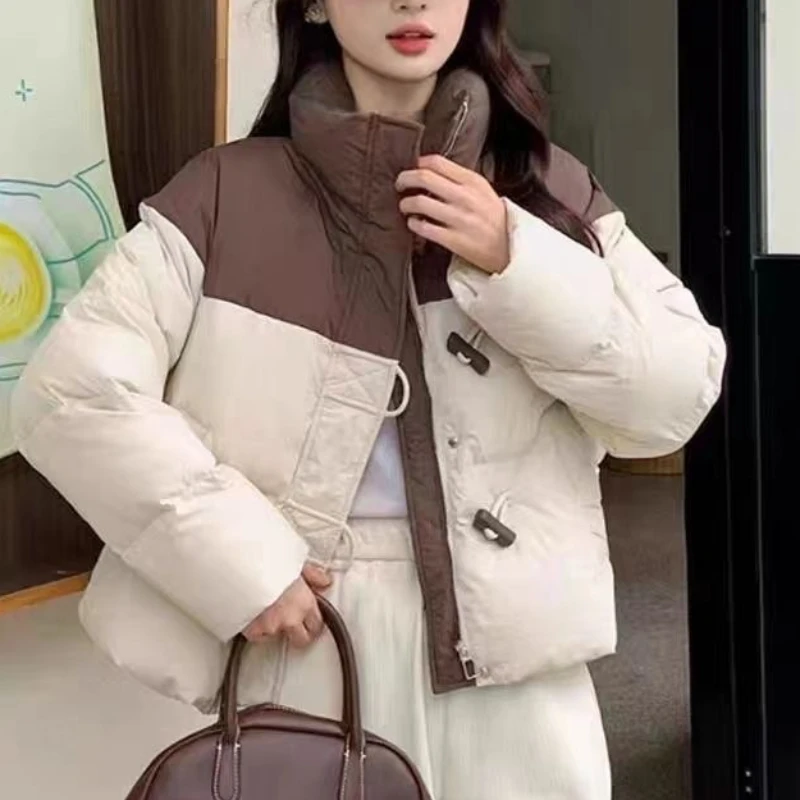 Winter Women Parkas Spliced Horn Buttons Puffer Casual Loose Down Cotton Padded Coat Quilted Stand Collar Warm Pockets Jackets