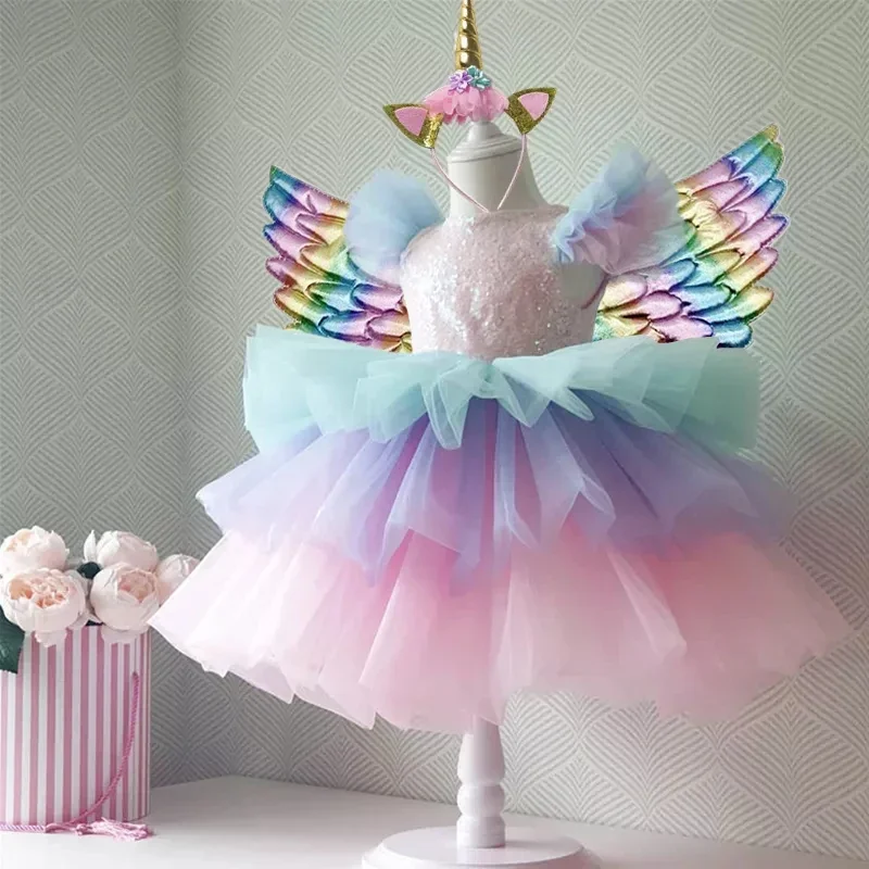 Unicorn Princess Dress for Girls Sequined Rainbow Unicorn Birthday Party Dresses Cake Layers Prom Gown Wedding Pageant Clothes