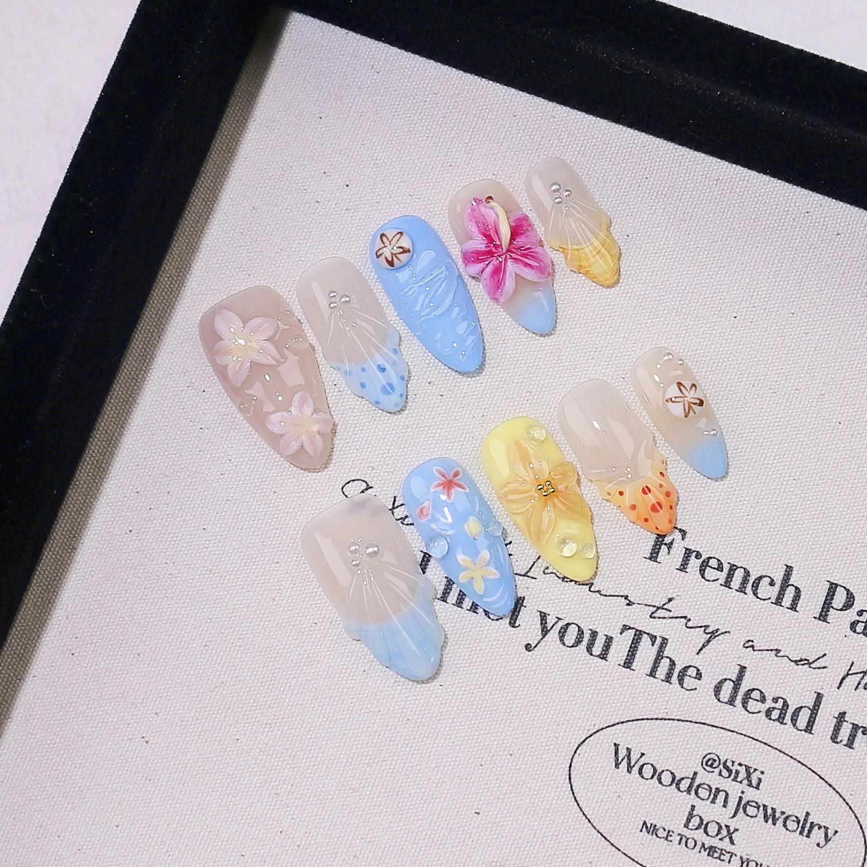 

10pcs Handmade Tropical Island Press-On Nails - Almond Shape with 3D Flowers&Shells Pastel Beachy Designs Nails for Women/Girls
