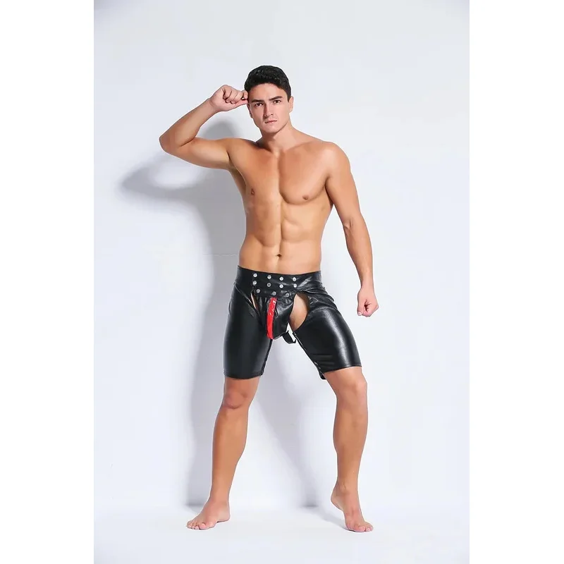 qq28LQMens مثير ضيق اللاتكس PVC عبودية القوطية الرجال الأسود بولي Leather السراويل الجلدية تيدي الوثن ازياء كلوبوير فاسق زي