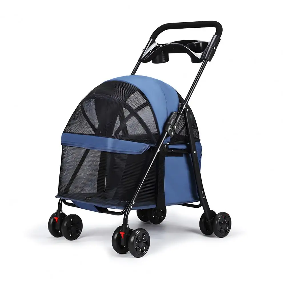 

Four-wheel Pet Stroller For Dogs And Cats, Foldable For Outdoor Travel, With Cup Holder And Viewing Window, Navy Blue