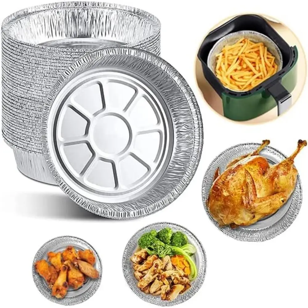 50Pcs Round Foil Trays Foil Flan Dish Silver Foil Food Container Disposable Aluminum Foil Plate Tin Foil Pie Pans for Air Fryer