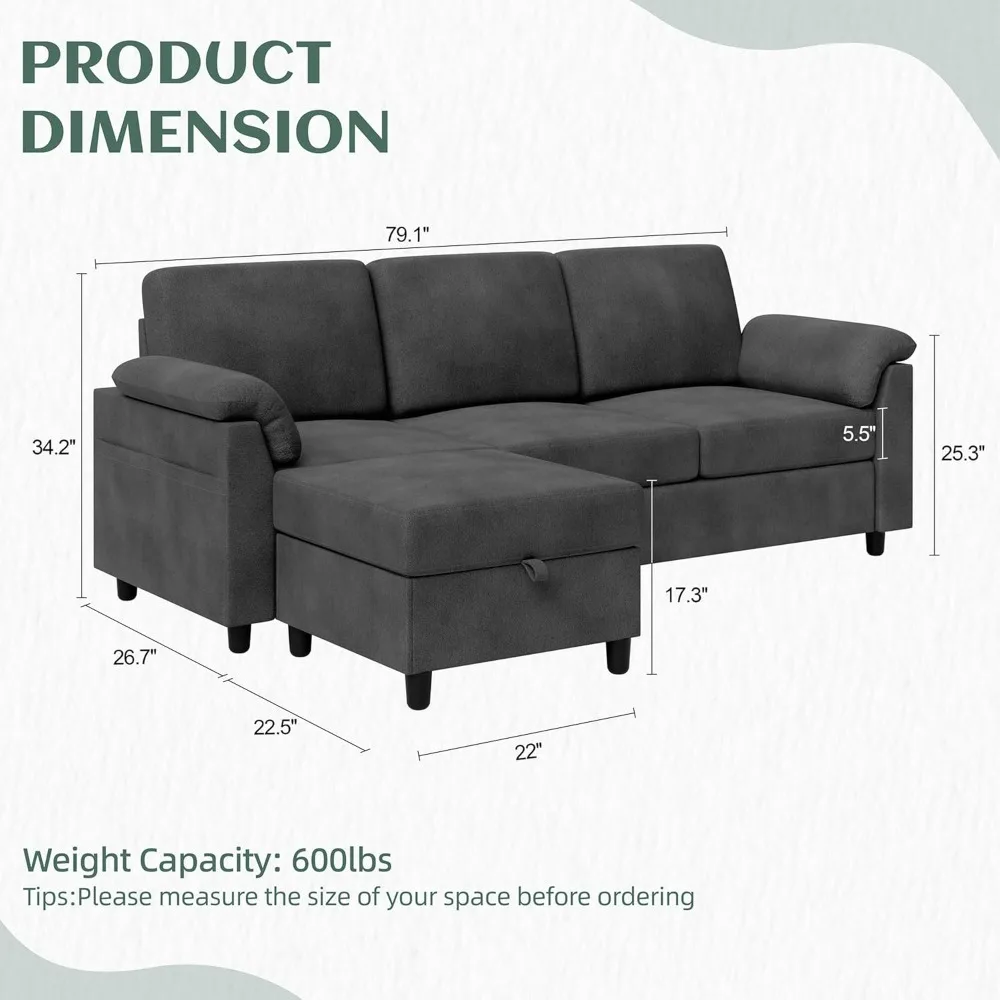 Convertible Sectional Couch, 3 Seat L Shaped Couch Sofa with Removable Pillows Linen Fabric Small Couch and Office BK