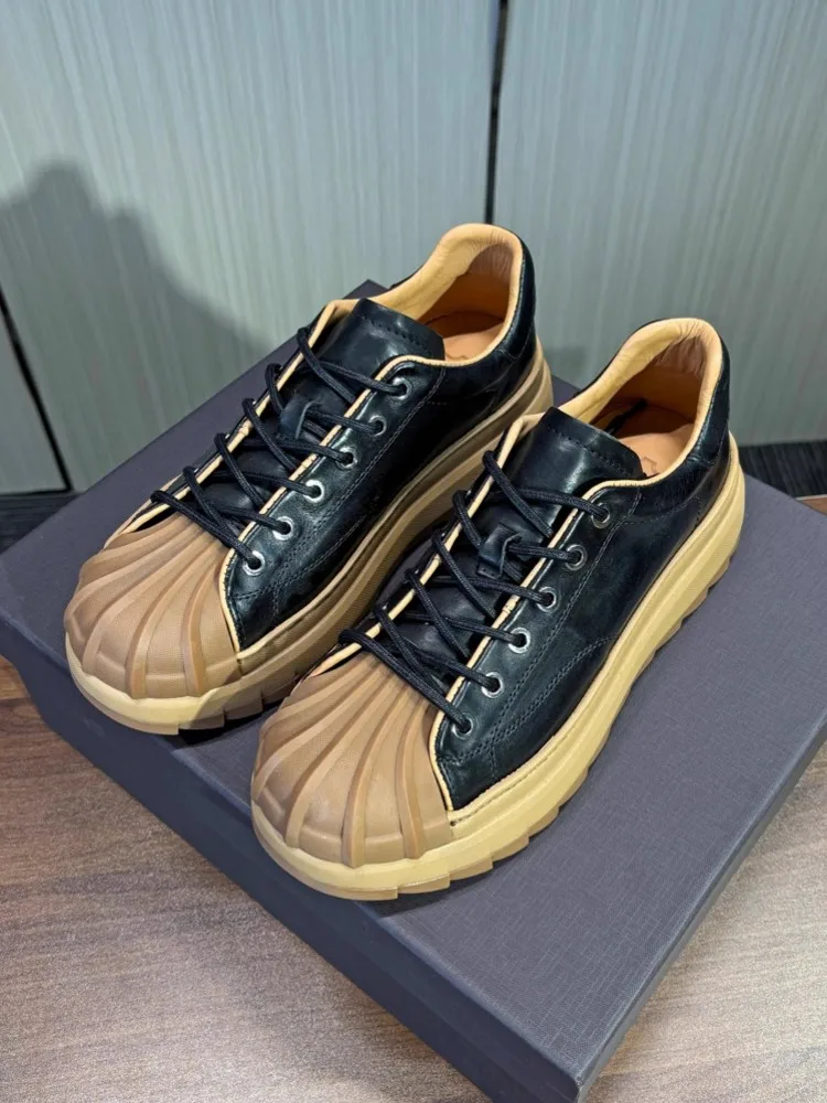 Mens Retro Design Lace Up Breathable Thick Platform Horsehide Real Leather Sneakers Sport Running Jogging Shoes Outdoort Fitness