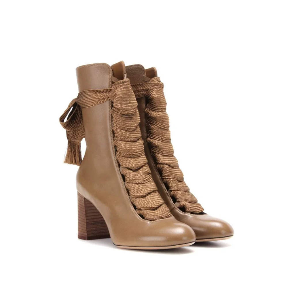 

Brown Wooden Heel Ankle Boots Sexy Platform Spike High Heel Shoes for Women Round Toe High Heels 2023 New Zapatos Para Mujere