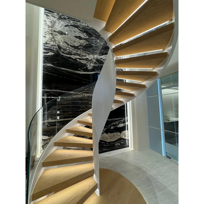 custom.Tanlong Wooden Staircase Indoor Wood Curved Stairs Glass Railing Stair Wood