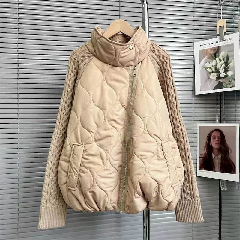 

Sweaters Knitted Cardigans Women Loose Casual Vintage Stand Collar Patchwork Cotton Added Sleeve Coats Korean Style Women Tops