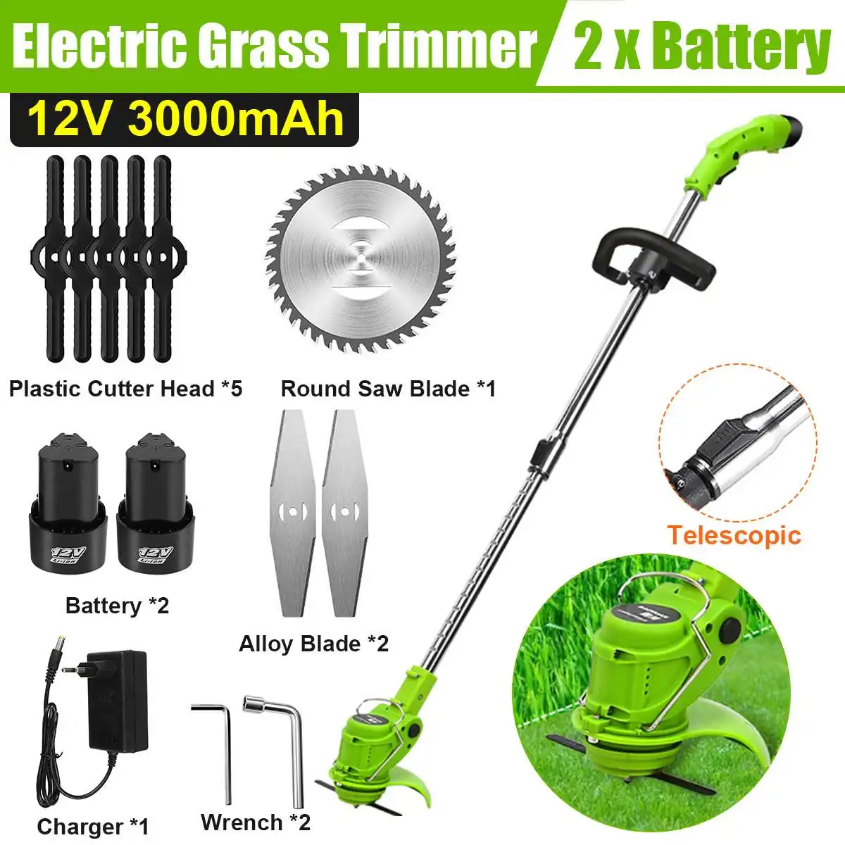 Electric Grass Trimmer with 2 Batteries Wireless Cordless Lawn Mower Length Adjustable Garden Pruning Cutter Tool 48VF