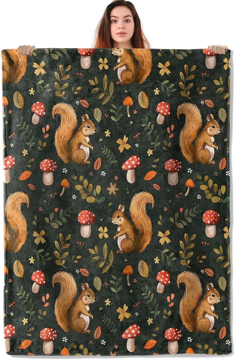 Squirrel Throw Blanket, Warm Flannel Blankets Forest Animal Style with Mushroom Leaf Acorn, Autumn Nature Decor and Gifts