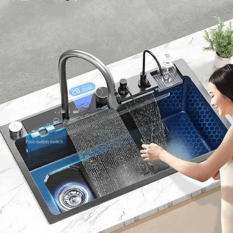 

Luxury Digital Display Waterfall Kitchen Sink, Large Single Slot Nano Stainless Steel Sink, Honeycomb Embossed Washbasin