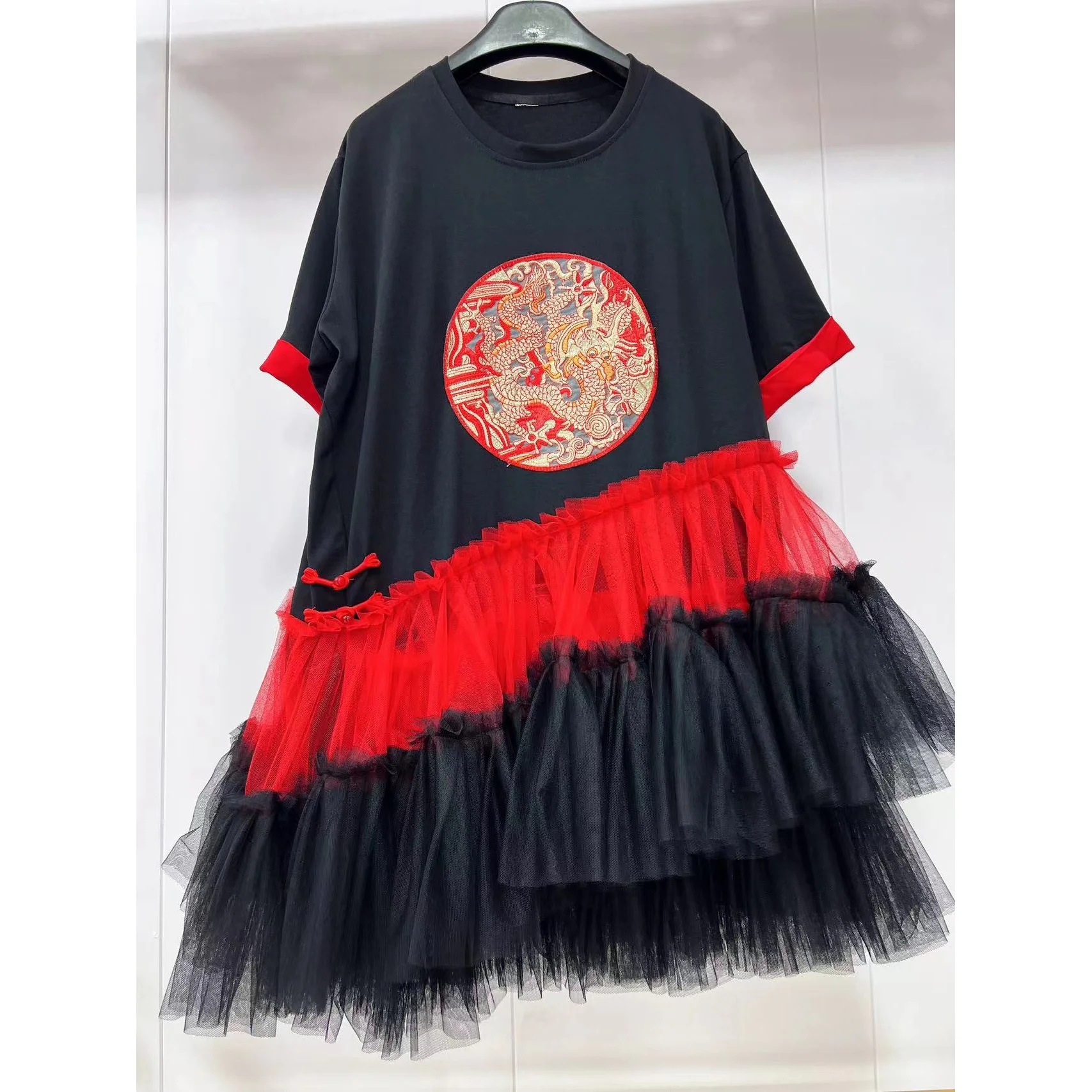 Luxury Chinese Style Circular Floral Embroidery Mesh Spliced Ruffles Tee Dress Irregular Gauze Patchwork Lotus T-Shirts Vestidos