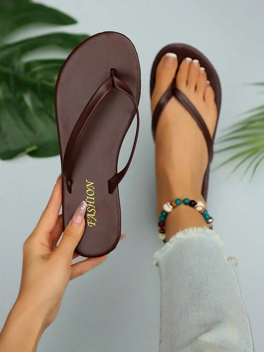 

New Spring/Summer, Women's Chocolate Brown Thong Sandals, Round Toe Flat Flip Flops, Casual Slippers