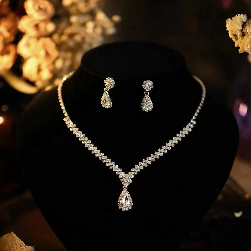 BLIJERY Fashion Waterdrop Bridal Jewelry Sets for Women Rhinestones V Shape Choker Necklace Earrings Sets Wedding Jewelry Set