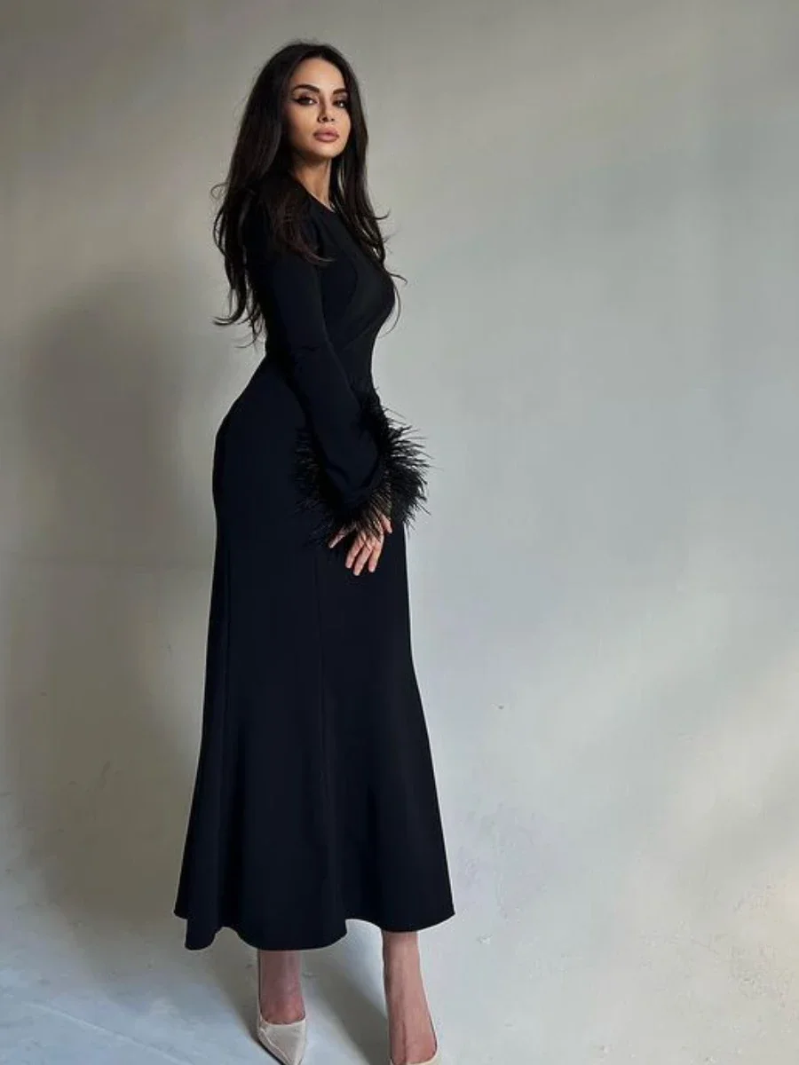 Vestido Dress for Women Feather Cuffs Long Skirt Elegant Slim Buttocks Wrapped Frock Solid Evening Party Outfits Spring Autumn