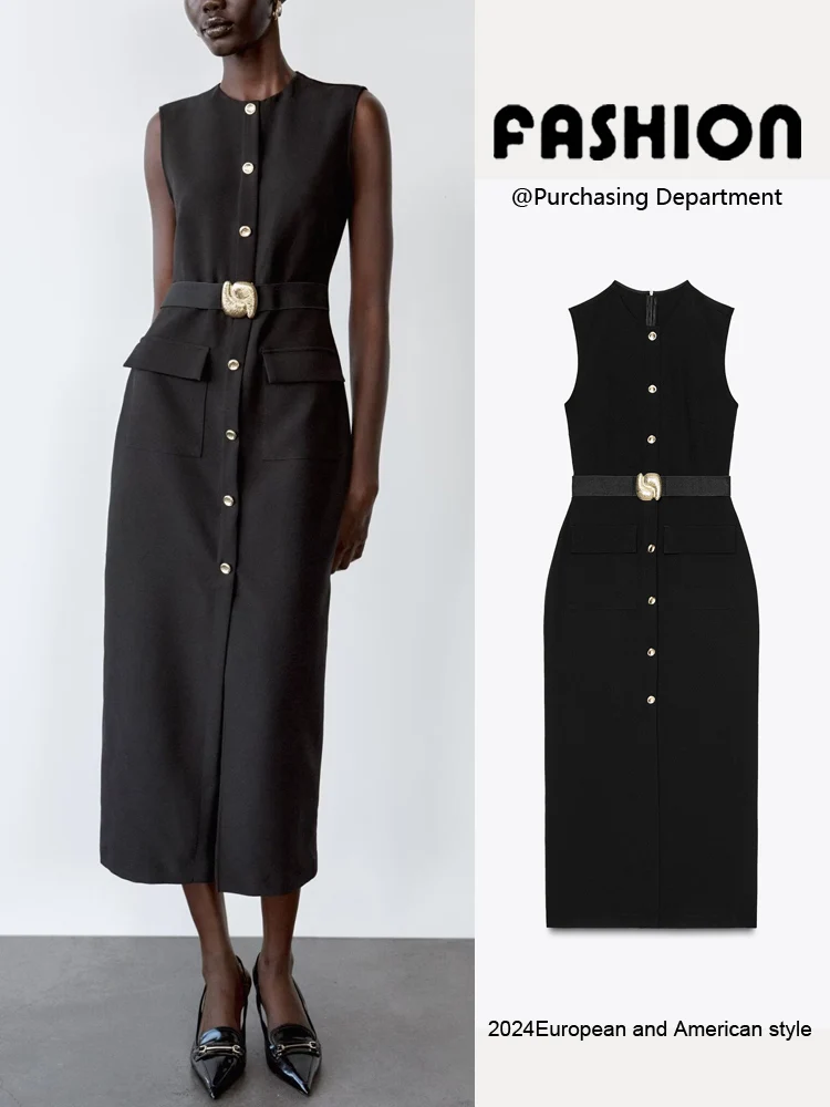 Spring New Arrival Women's Midi Dr ZA2025 Svel round Ne Gored Skirt with Belt Single Button Closure Vest Sle