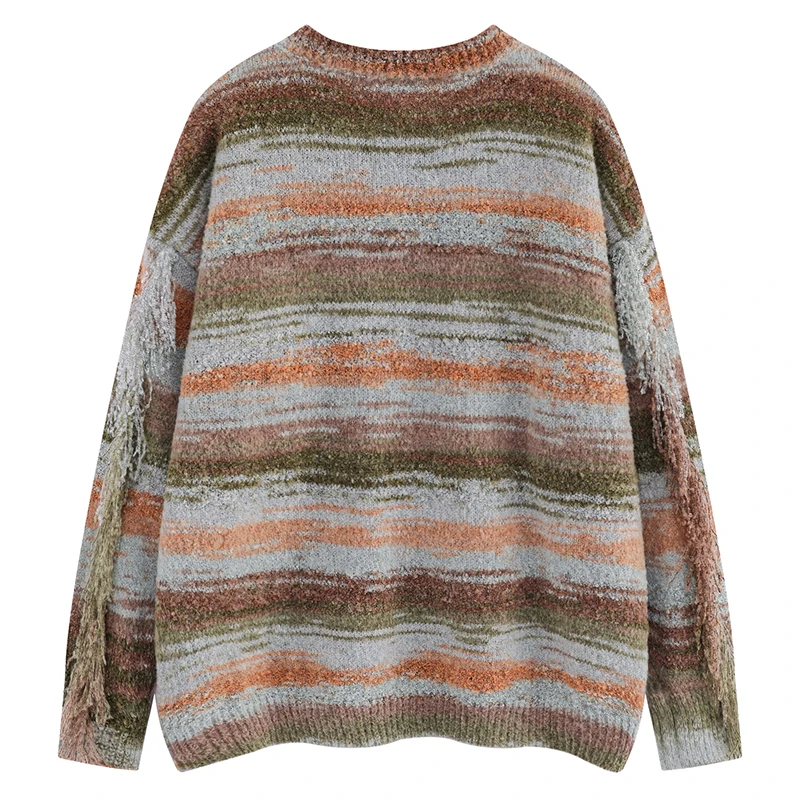 Bunter Fransen-Strickpullover, übergroßer Pullover, Retro-gestreift, langärmelig, Rundhalsausschnitt, Herbst-Winter, Boho, lockerer Pullover für Herren