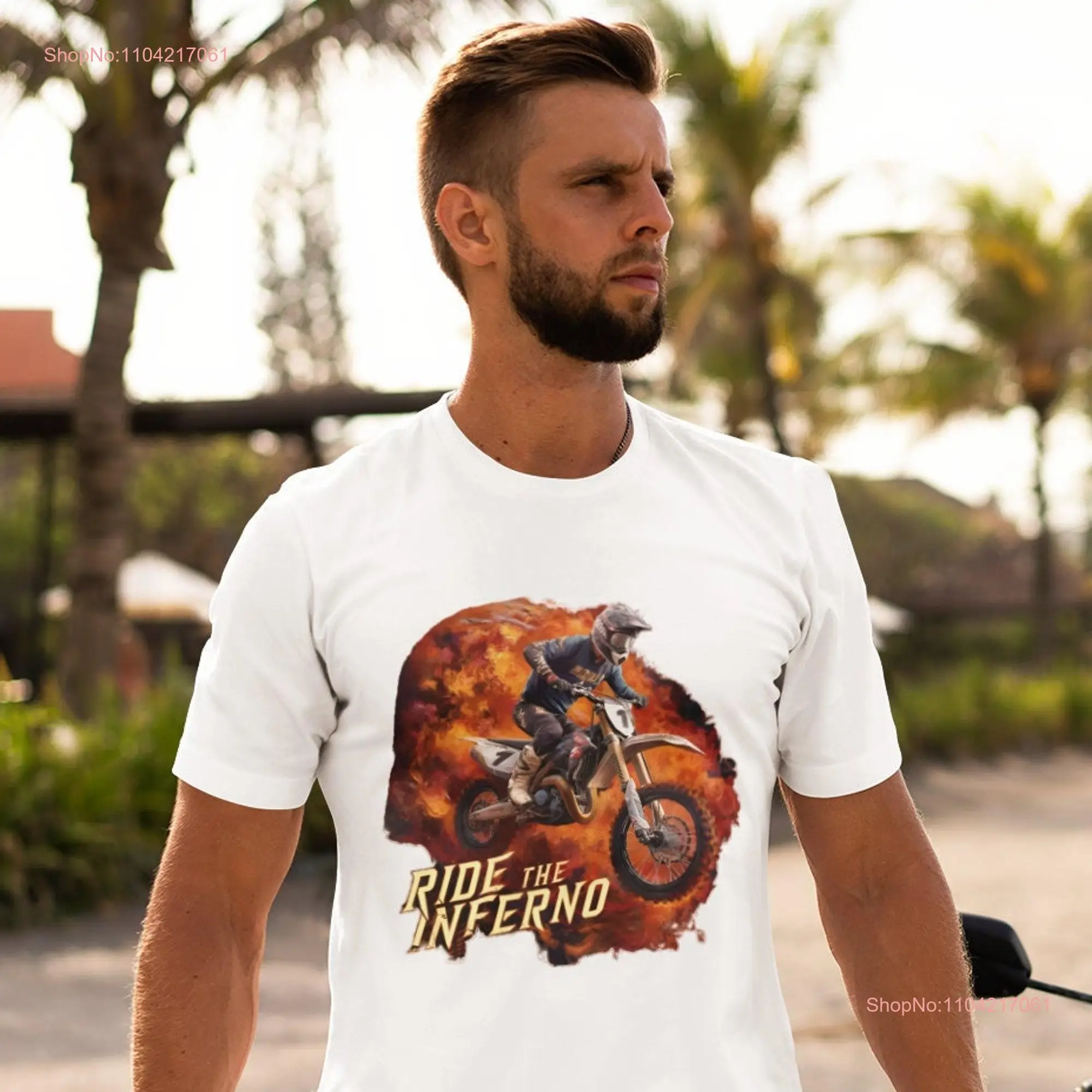 Men's High Octane Motocross T Shirt Ride the Inferno Fiery Background Athletic Style Vibrant Adventure Spirit Perfect for