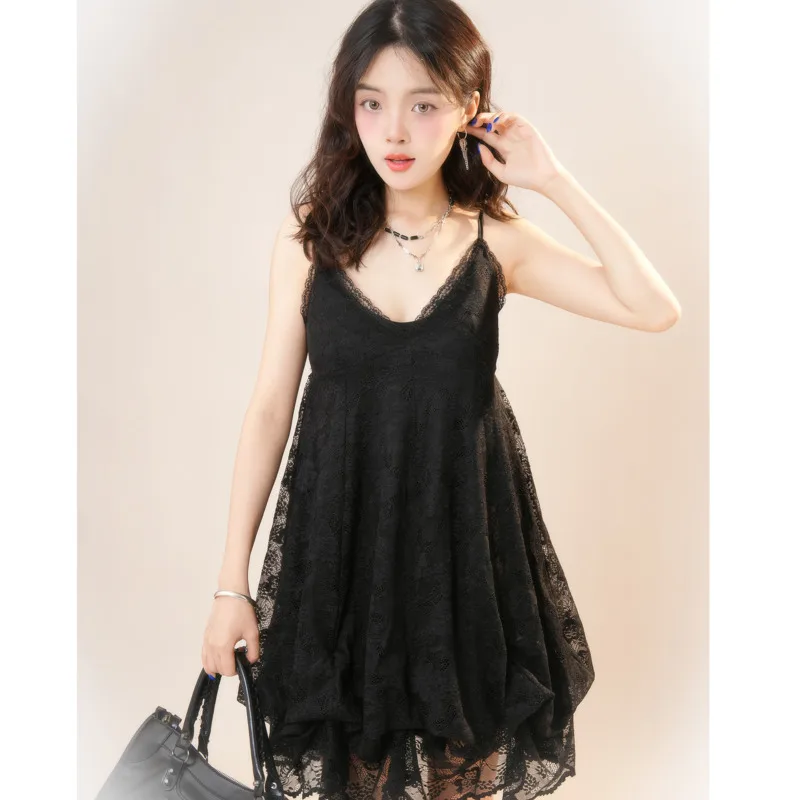 Sleeveless Lolita Vintage Mini Dress Lace Black Gothic Party Dress Pleated Japanese Y2k Dress V-neck Camisole Summer Dress Girls