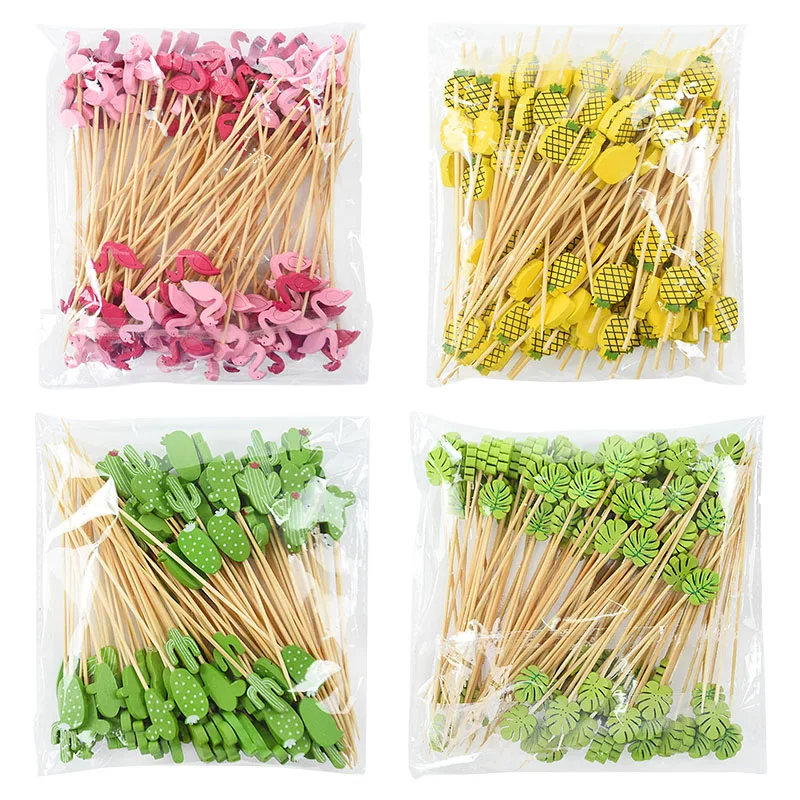 

100Pcs Summer Salad Fruit Fork Tropical Party Cactus Glass Flamingo Decorations Bar Dessert Cocktail Bamboo Stick Hawaiian Decor