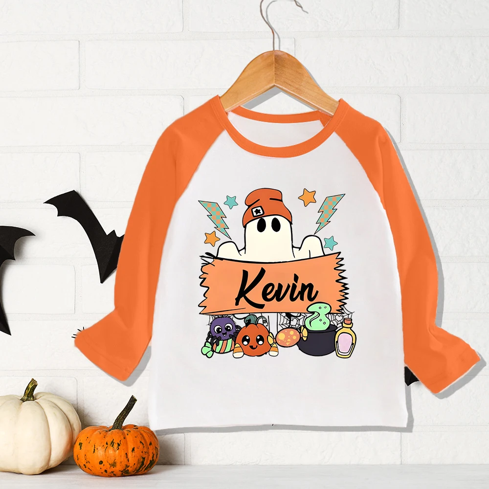 Personalized Kids Shirt Girls Boys Raglan T-shirt Custom Name Child Halloween Party  Long Sleeve Outfit Tops Toddler Autumn Tee