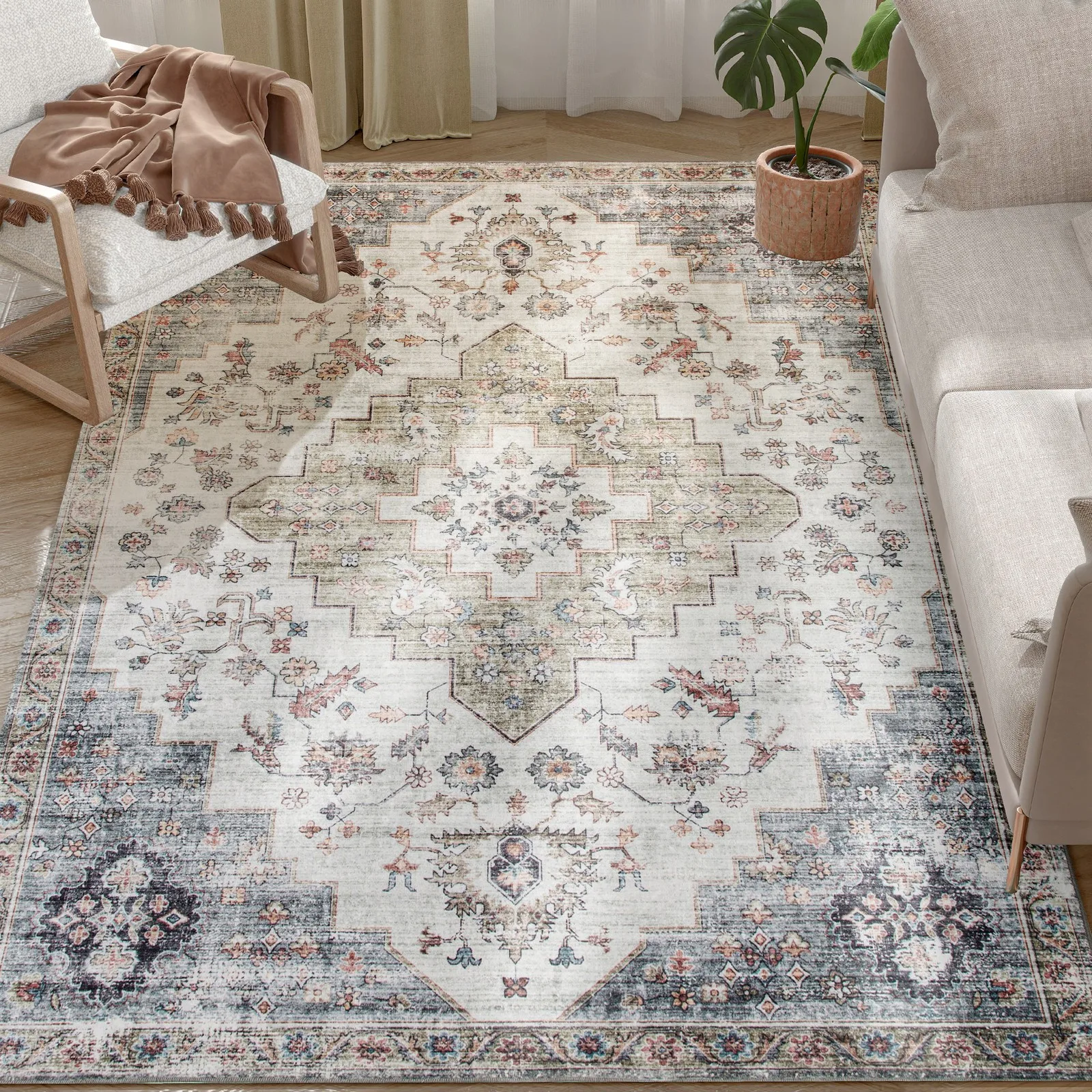 

5x7 Area Rug, Vintage Machine Washable Rug for Bedroom, Brown and Green