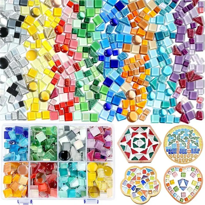 

Mar.Glass Mosaic Tiles For Crafts In 8 Colors, Includes Divided Storage Box, Mixed Irregular Shape For DIY Projects