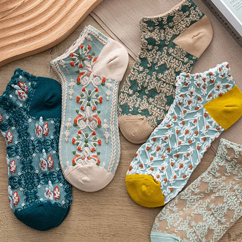 5 Pairs Women Retro Harajuku Style Socks Summer Shallow Mouth Thin Small Flower Cute Sweet Soft Skin-friendly Low Boat Socks