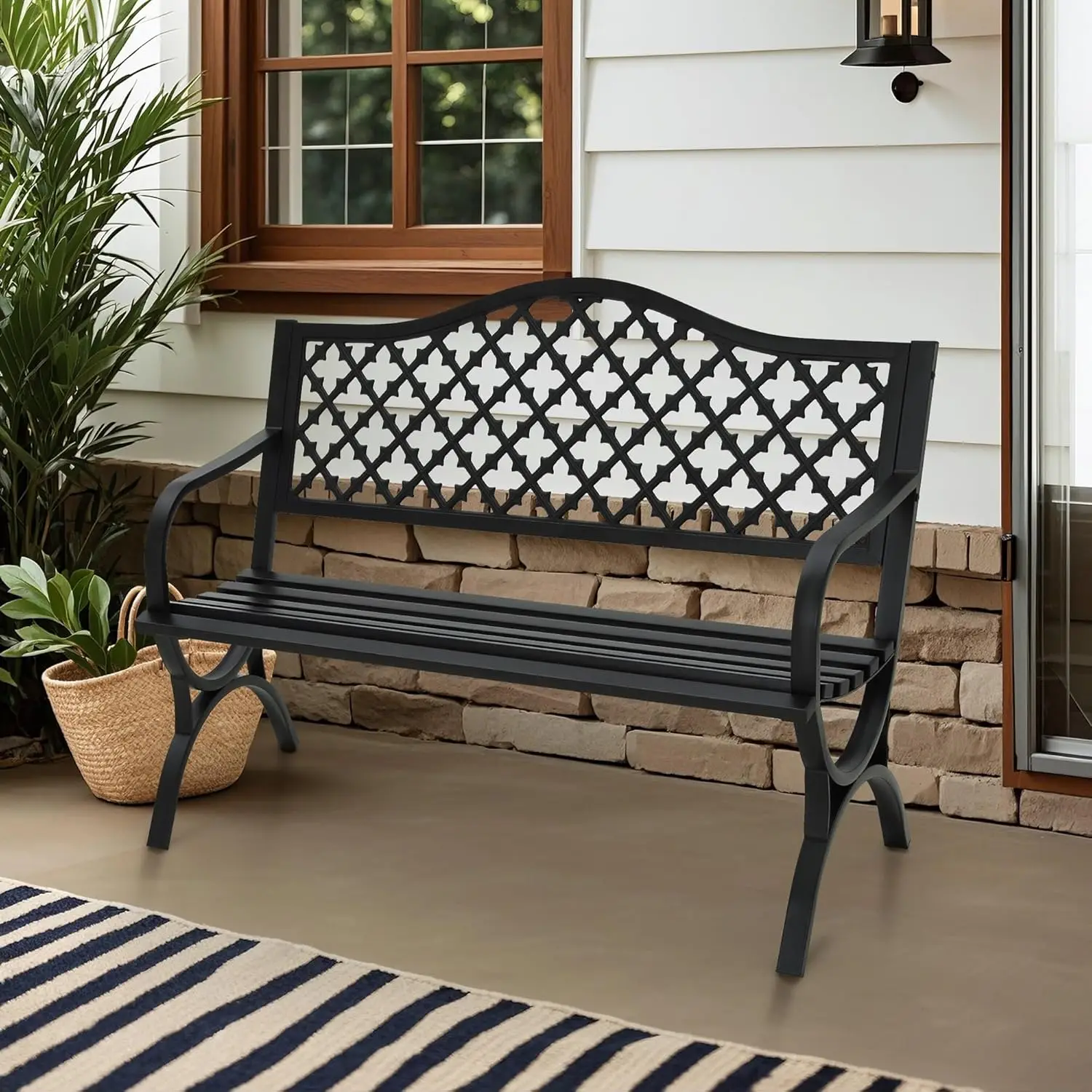 

50" Black Outdoor Metal Garden Bench with Arch Legs, Cast Iron Frame Patio Furniture with E-Coating, Perfect for Porch and Yard