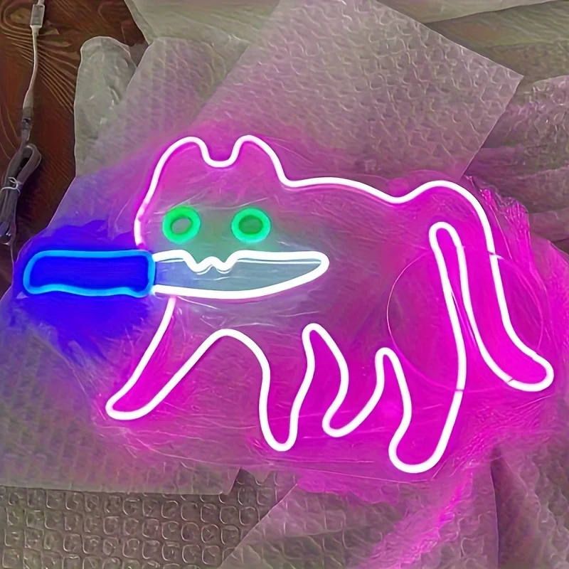 Cat With A Knife LED Neon Sign, For Wall Decoration, Wall Mounted Hanging Lights, Cartoon Cat LED Neon Sign