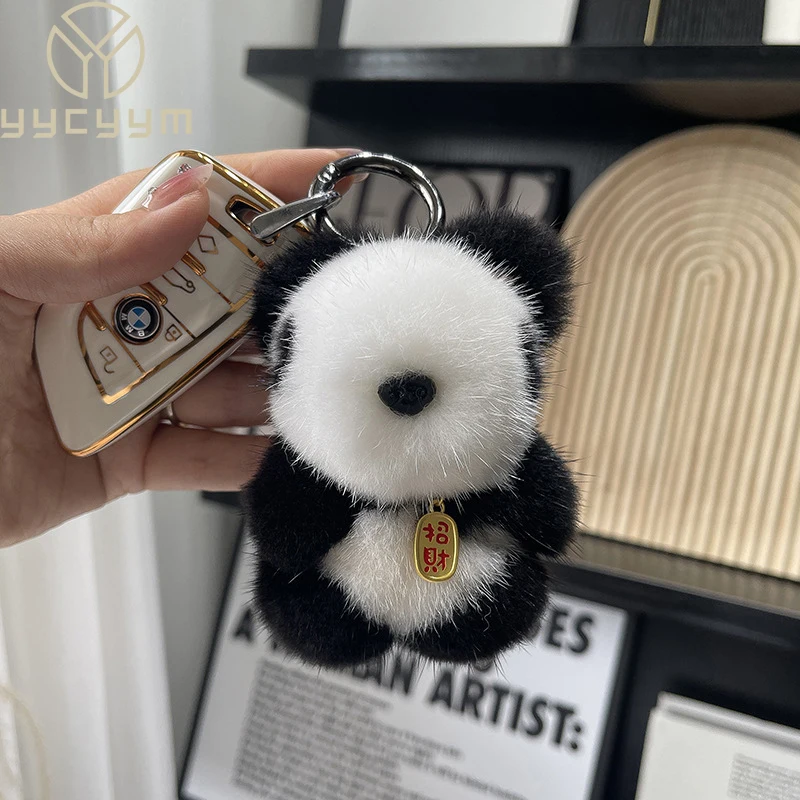 

Cute Real Mink Fur Keychain Plush Panda Pendant Kids Toy Women Bag Charm Trinkets Car Metal Key Rings Rear View Mirror Ornaments