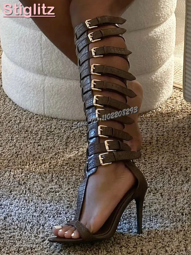 Retro Crocodile Pattern Knee-high Sandals Pointed Open Toe Buckle Strap High Heels Stiletto Fashion Women Roman Shoe 2026 Summer