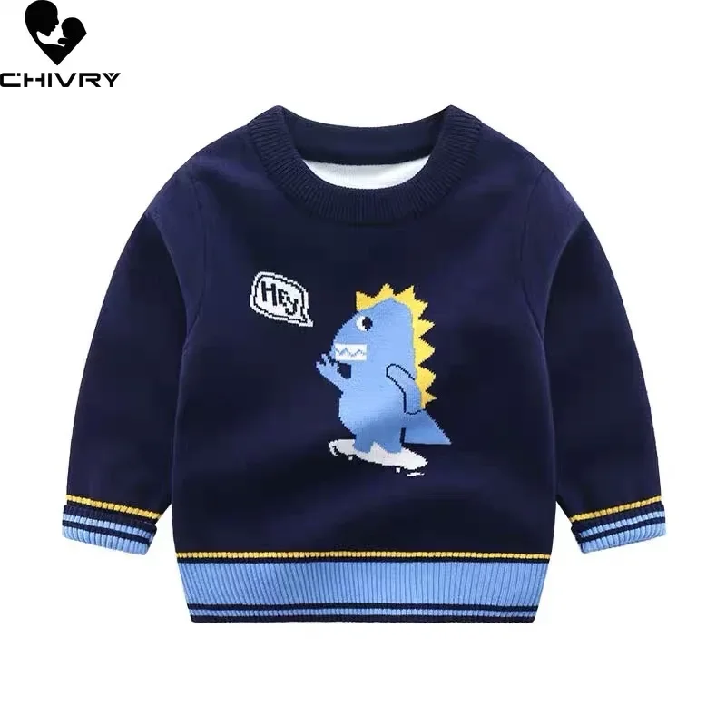 New 2023 Kids Children Pullover Sweater Autumn Winter Boys Cute Cartoon Jacquard O-neck Knitted Jumper Sweaters Tops Clothing