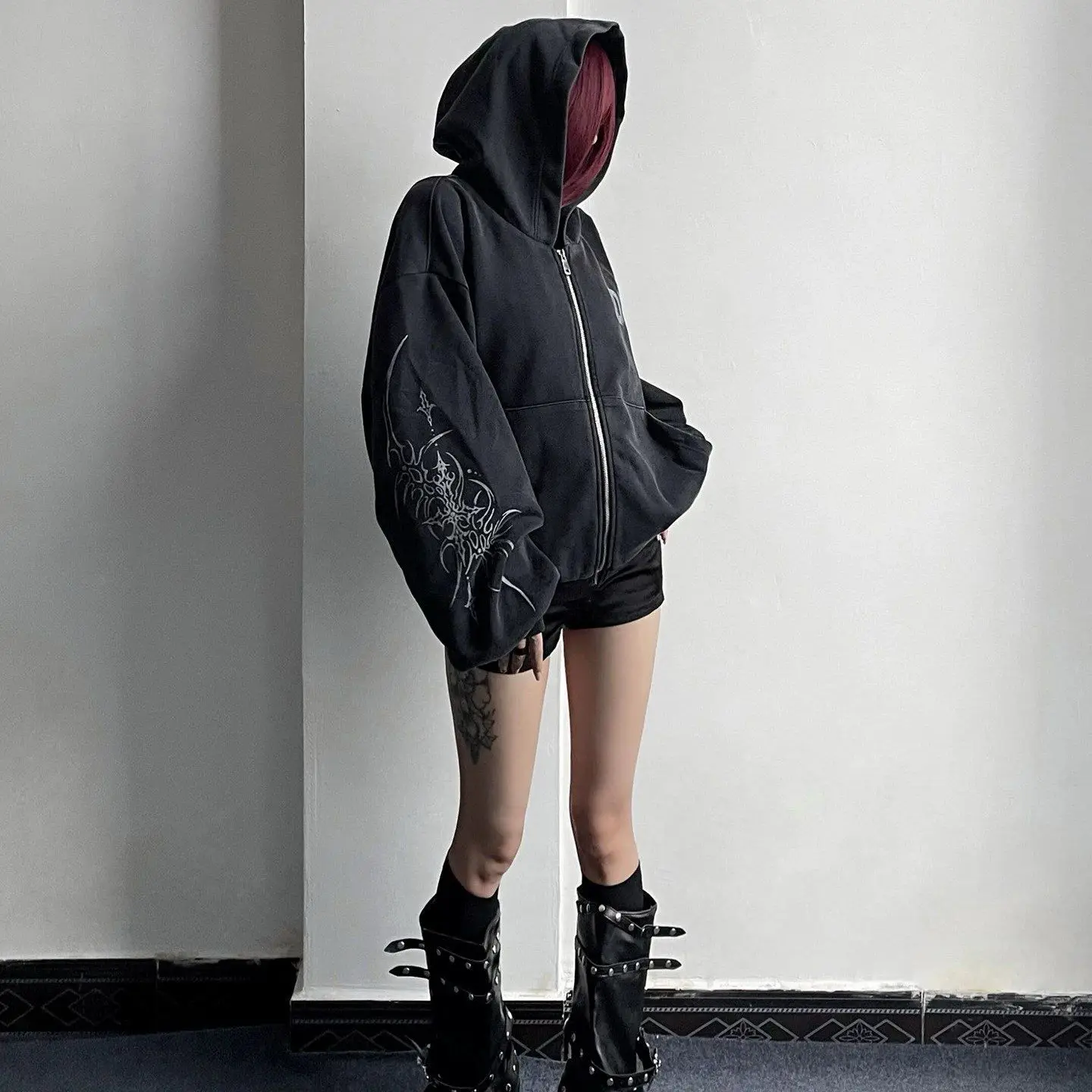 Dark Punk Style Washed Outdated Print Hooded Open Cardigan Jacket Unisex Zipper Casual Street Sweatshirt Autumn for Students