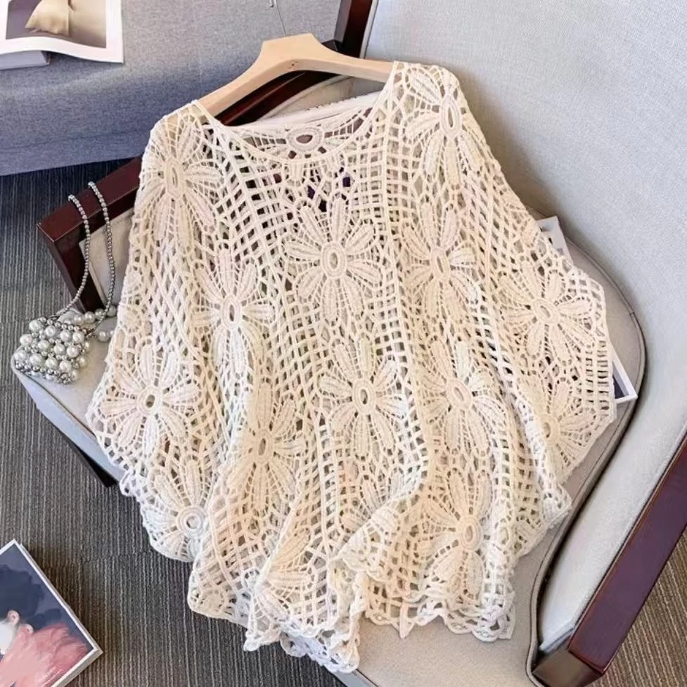 

Летняя женская пляжная толстовка-бикини с круглым вырезом и вышитыми рукавами-самолетами, свободная отпускная прогулка