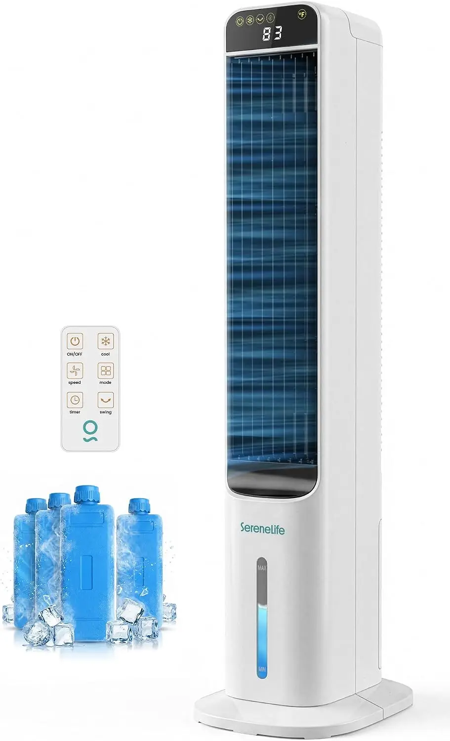 Evaporative Air Cooler Tower Remote 5L Tank 4 Ice Boxes 3 Speeds Quiet Standing Cooler Oscillation Home Office Bedroom Portable