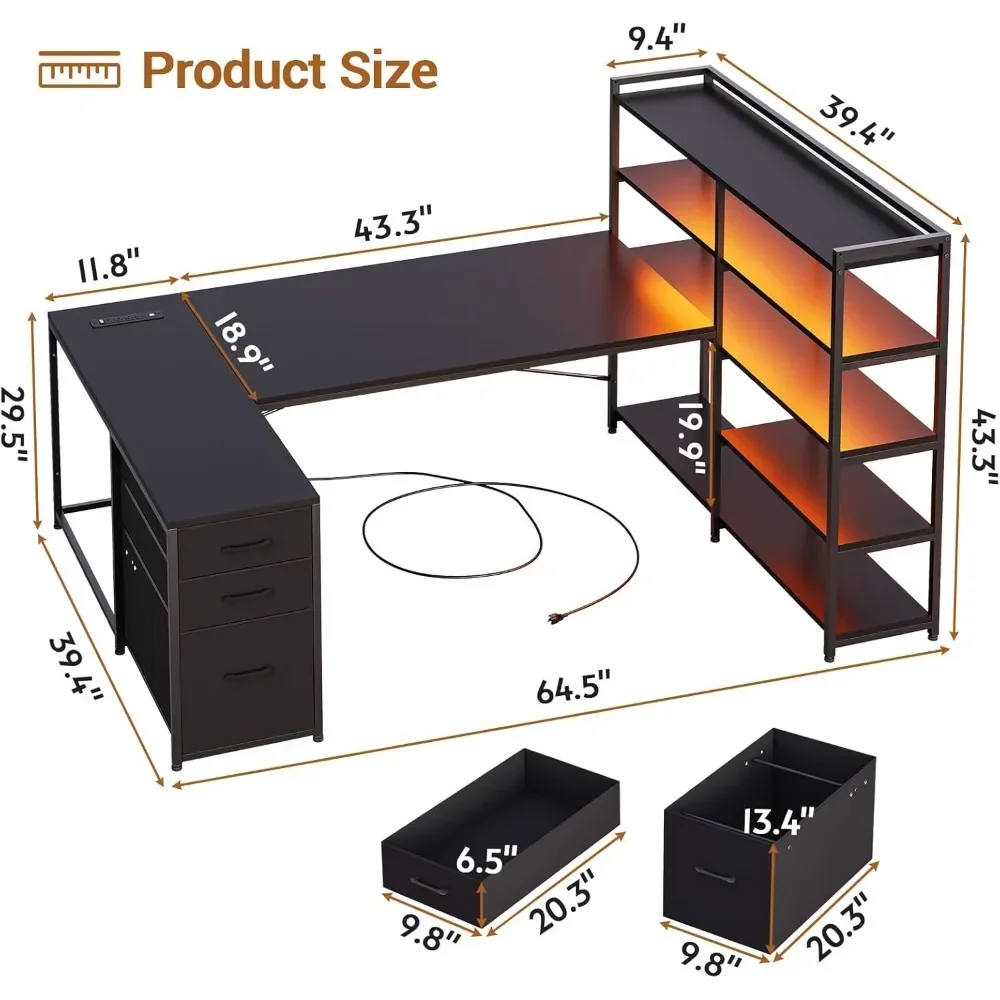 L Shaped Gaming Desk, Reversible U Shaped Computer Desk with Power Outlet and Storage Shelves, Corner Gaming Desk