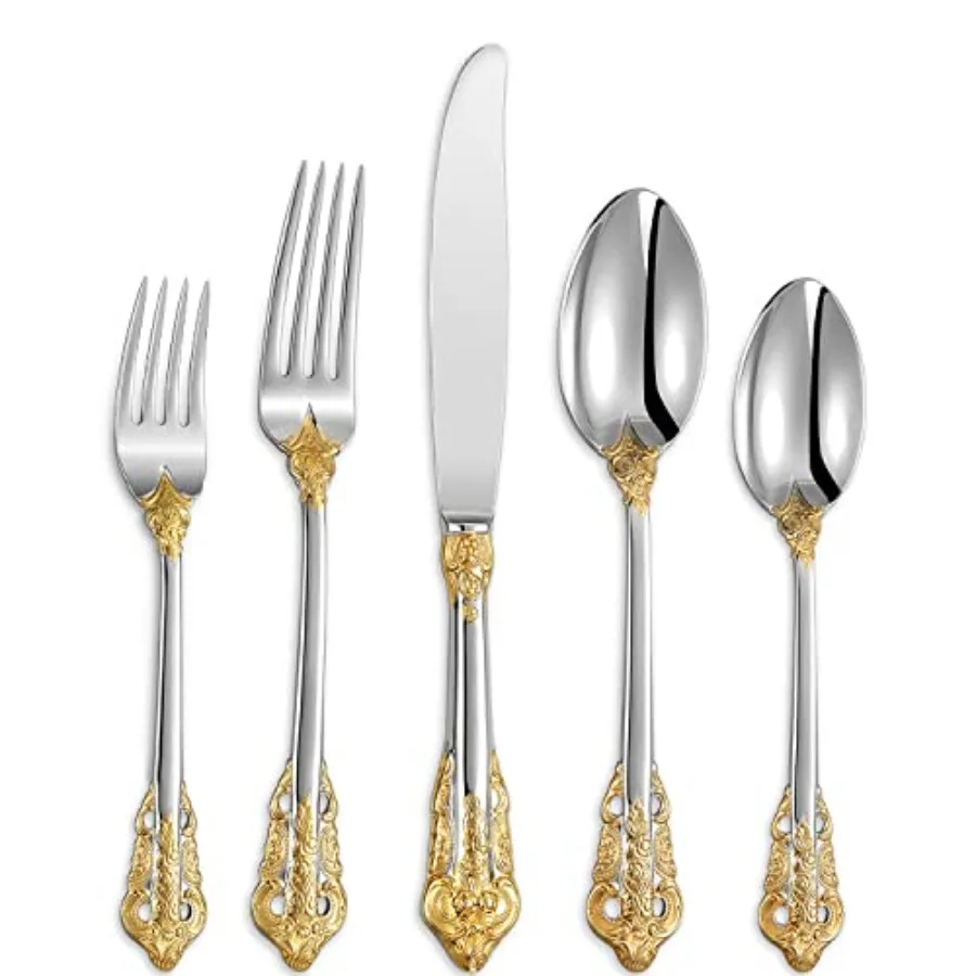 

Luxury 20 Pieces 18/10 Stainless Steel Flatware set Service for 4 silver plated with gold accents Fine Silverware set and Dishw