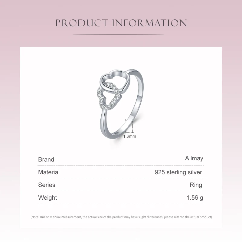 Ailmay Simple 925 Sterling Silver Sweet Heart to Heart Ring For Women Fine Wedding Fashion Jewelry