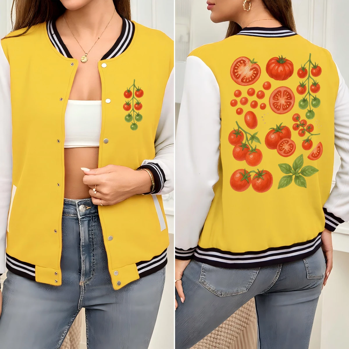 

Fresh And Delicious Tomatoes Printed Women Jackets Autumn Casual Baseball Uniform Cotton Clothes Loose Colorful Sportswear