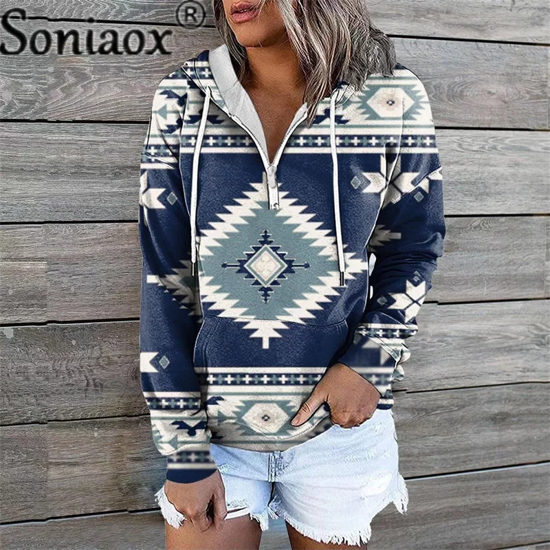 Vintage Hoodies Geometry Color Contrast Zipper Hooded Tops Women Autumn New Drop Shoulder Long Sleeves Loose Female Sweatshirt