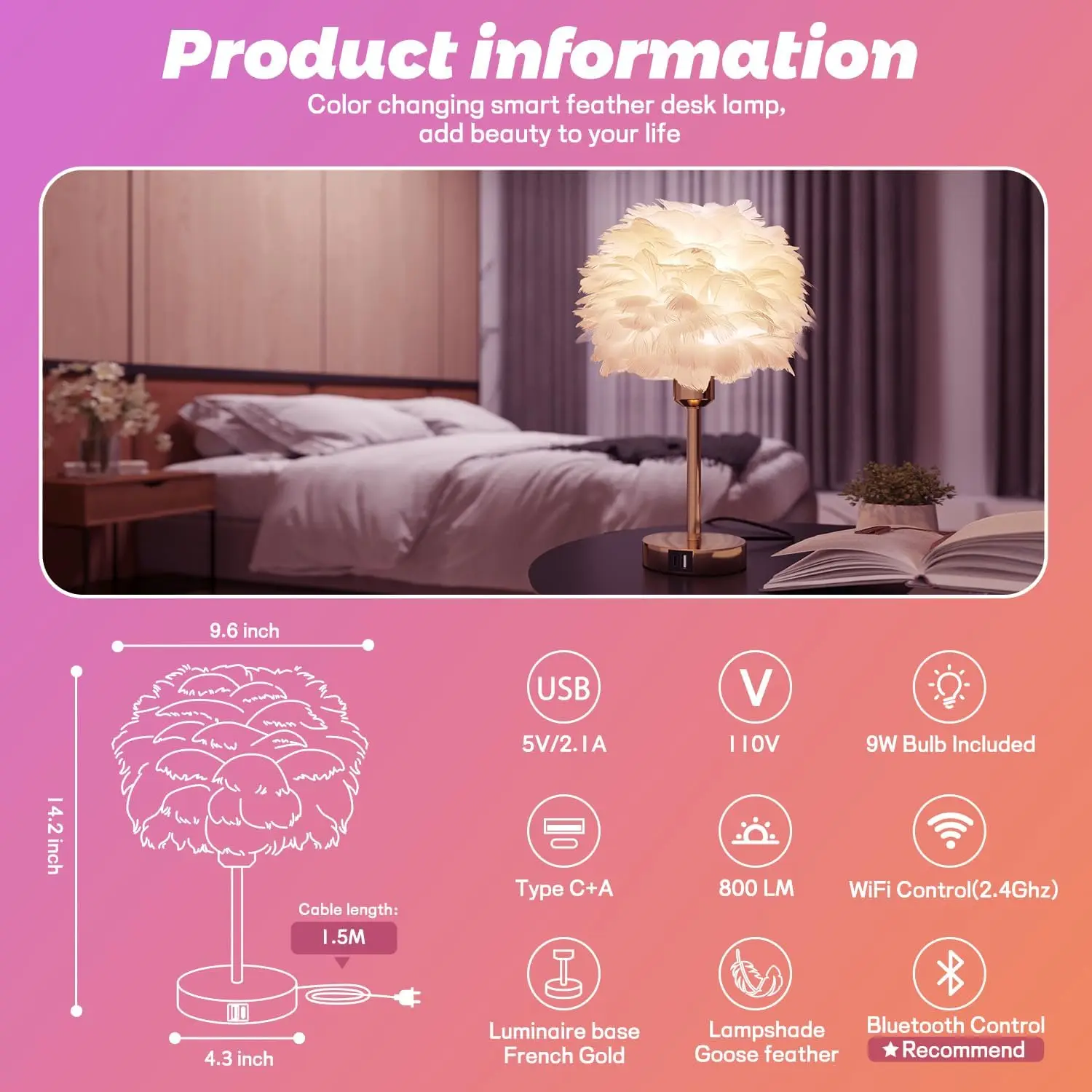 Lampe à plumes tactile intelligente avec chargement USB, veilleuse à couleur changeante RGB pour décoration de bureau de chambre à coucher