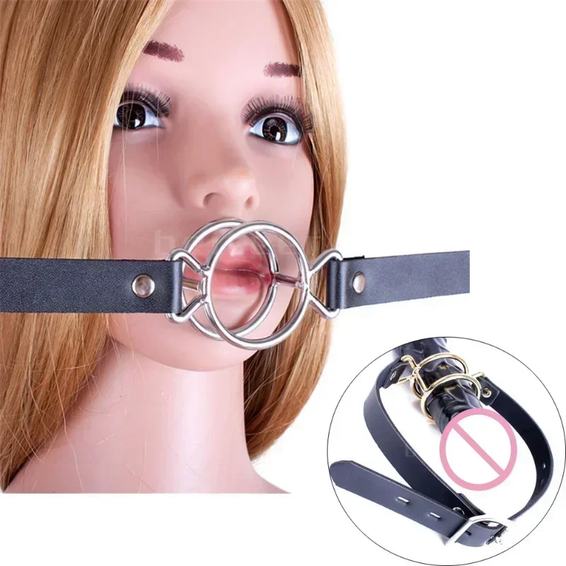 PU Leather Belt BDSM Bondage Deep Throat Double Round Ring Flail Slave Mouth Gag Bite Ring Gags Open Oral Adult Game Sex Toys