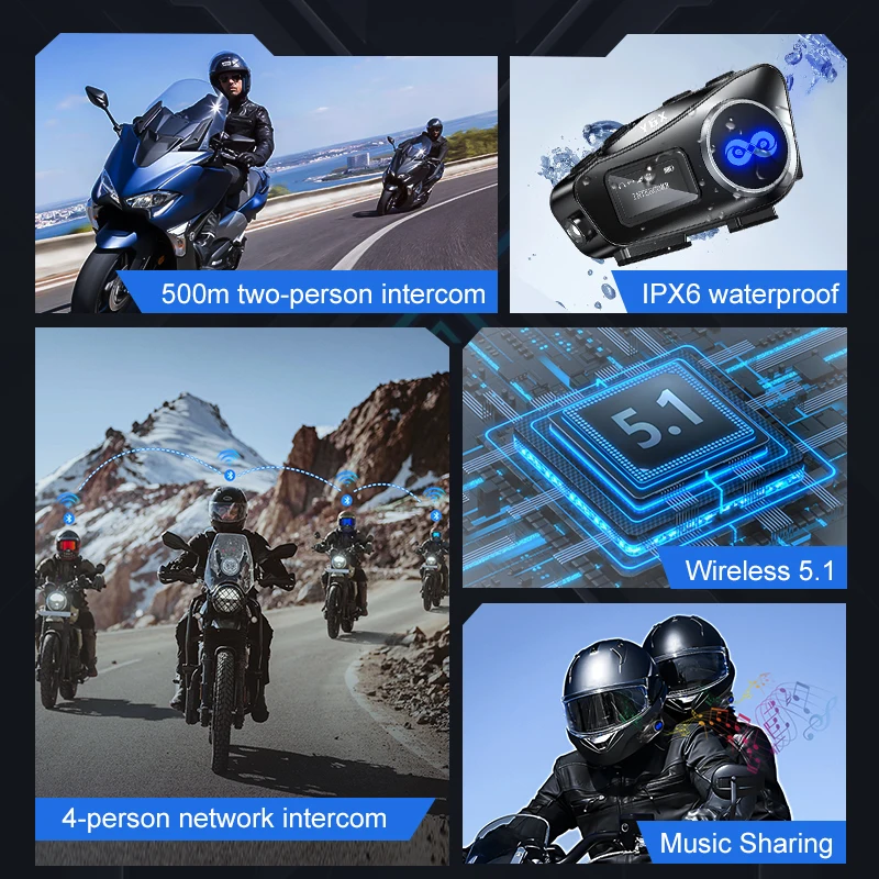 Y6X Motorcycle Bluetooth Helmet Intercom Headset Wireless V5.1 Music Share Noise Reduction FM Radio IP56 Waterproof LED Lighting
