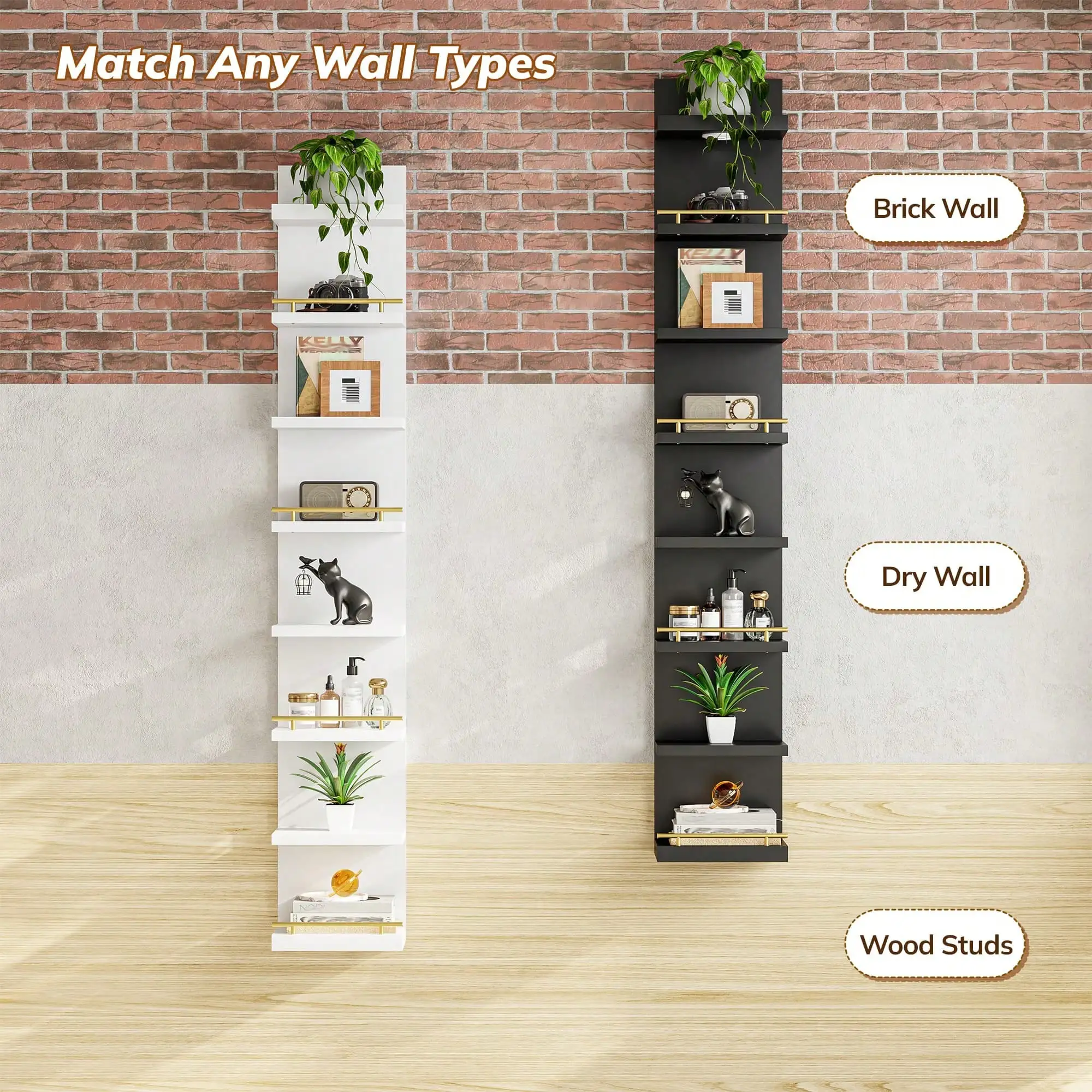 8-Tier White Wall Mounted Floating Display Shelf with Remote Control LED Lights, Multi-Layer Storage Organizer for Bedroom, Living Room & Vanity Decor