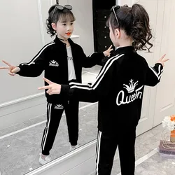 2023 teens autumn winter Girls Teenager tracksuit sport letter striped zipper Coats Jacket + skinny pants 5 6 7 8 9 10 11 year