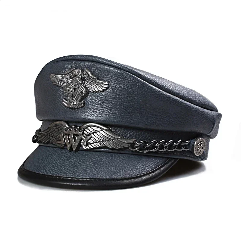 Unisex German Military Cap Man Real Leather Flat Top Hat Korean Fashion Eagle Mark Chain Punk Locomotive Casquette Male