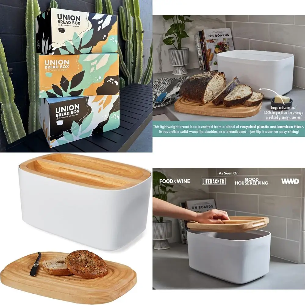 

Экологичная бамбуковая и переработанная пластиковая хлебница с двусторонней разделочной доской, кухонный контейнер для хранения хлеба, 14,25x9,25x7 дюймов